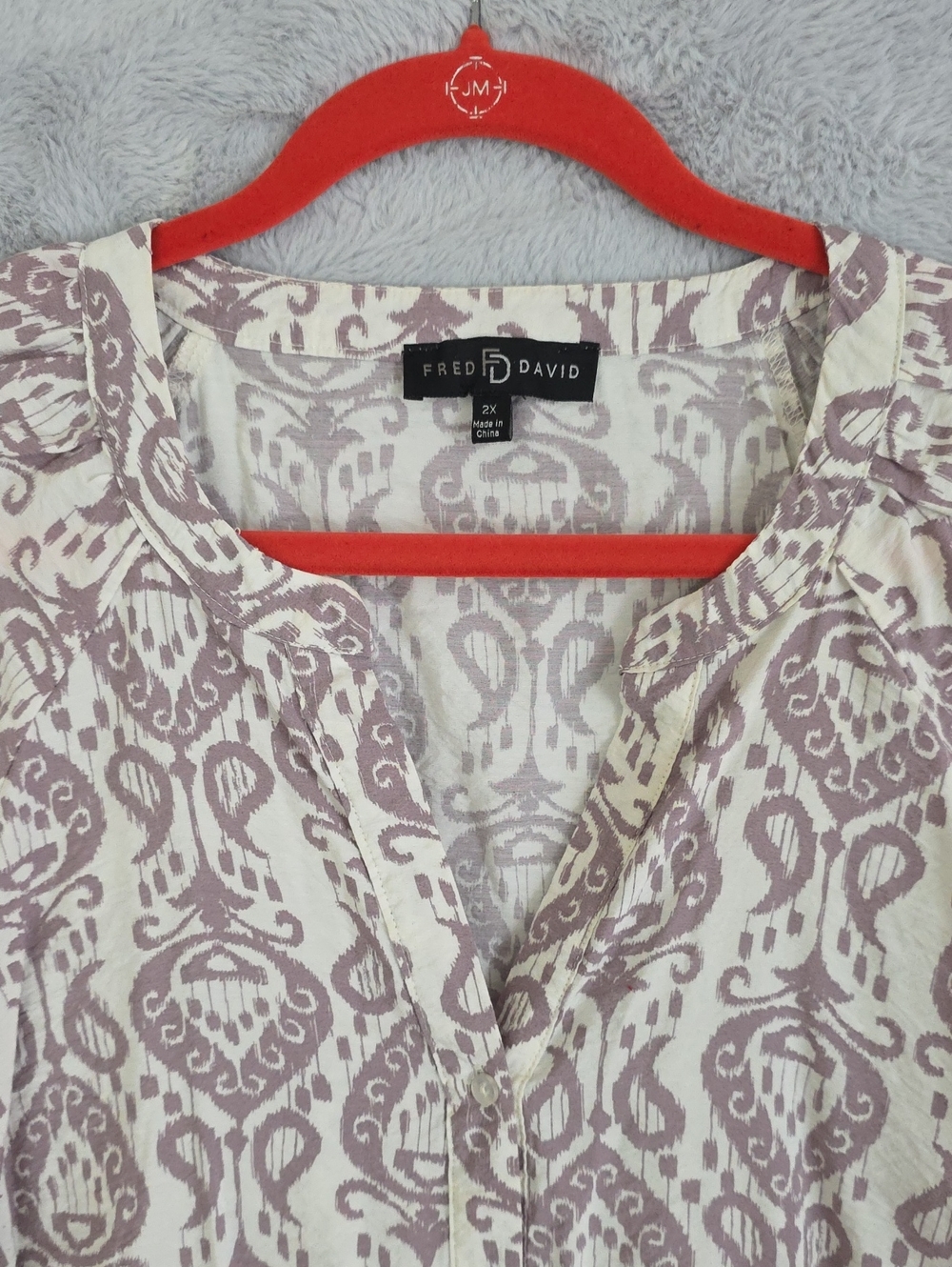 Fred David Women's 2X Ivory Taupe Ikat Print Blouse 3/4 Sleeve Split Neck Plus S - Picture 2 of 12